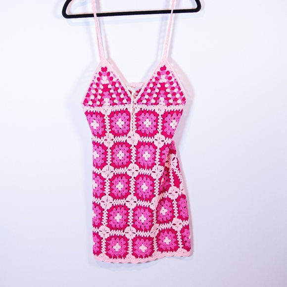 More To Come Rosaria Crochet Knit Stretch Semi Sheer Triangle Top Mini Dress S - Picture 1 of 4